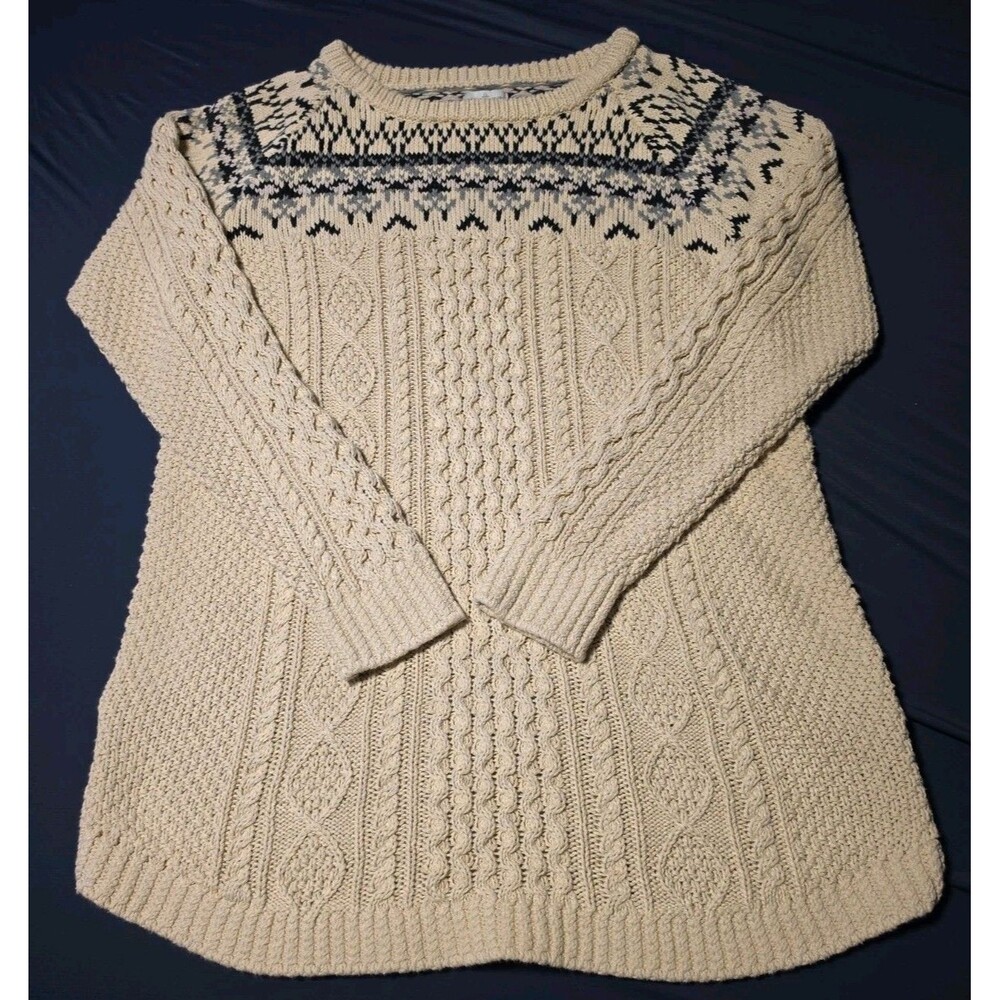LL Bean Signature Fisherman Tunic Cable Knit Sweater Side Zip Cottagecore XL